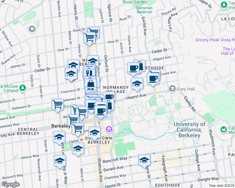map of restaurants, bars, coffee shops, grocery stores, and more near 1829 Spruce Street in Berkeley