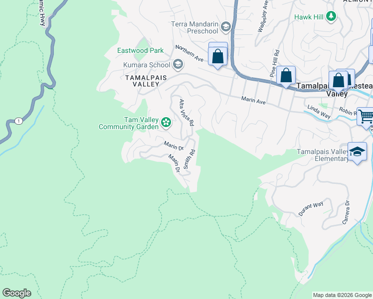 map of restaurants, bars, coffee shops, grocery stores, and more near 817 Marin Drive in Mill Valley