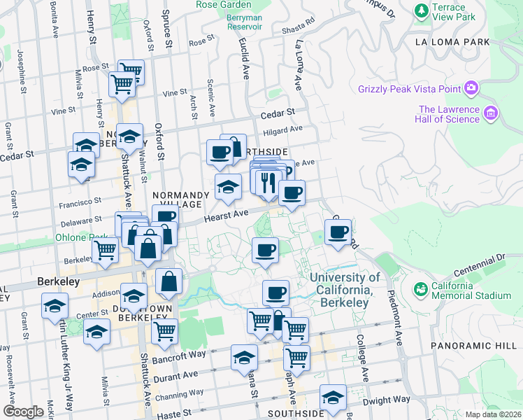 map of restaurants, bars, coffee shops, grocery stores, and more near 1820 Euclid Avenue in Berkeley