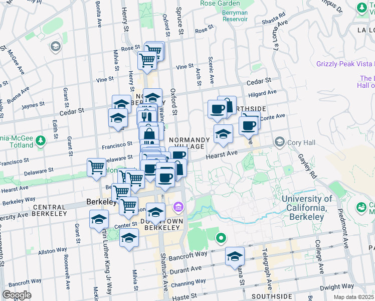 map of restaurants, bars, coffee shops, grocery stores, and more near 2255 Hearst Avenue in Berkeley