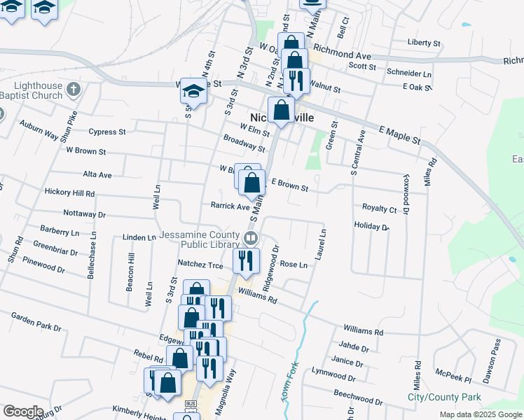 map of restaurants, bars, coffee shops, grocery stores, and more near 100 Laurel Lane in Nicholasville
