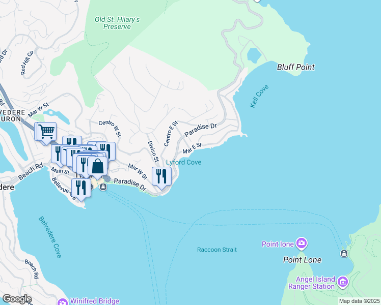 map of restaurants, bars, coffee shops, grocery stores, and more near 2180 Mar East Street in Tiburon