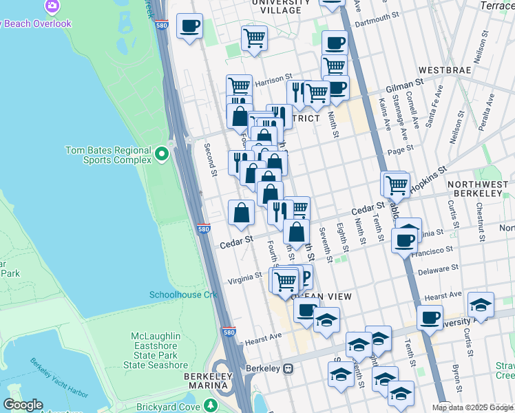 map of restaurants, bars, coffee shops, grocery stores, and more near 1456 Fourth Street in Berkeley