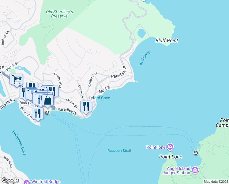 map of restaurants, bars, coffee shops, grocery stores, and more near 2246 Mar East Street in Tiburon