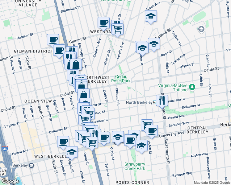 map of restaurants, bars, coffee shops, grocery stores, and more near 1620 Chestnut Street in Berkeley