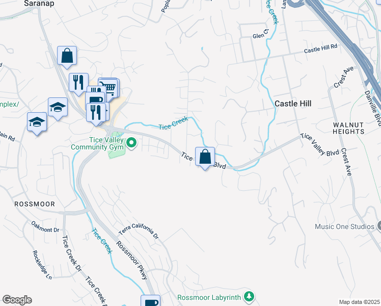 map of restaurants, bars, coffee shops, grocery stores, and more near 2200 Tice Valley Boulevard in Walnut Creek