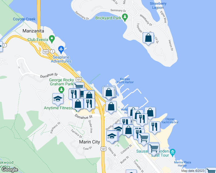 map of restaurants, bars, coffee shops, grocery stores, and more near 35 Kappas Marina East Pier in Sausalito