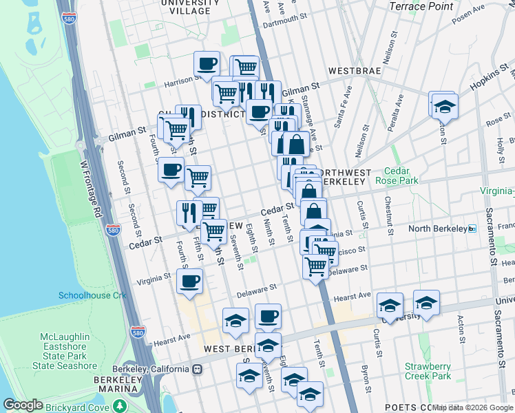 map of restaurants, bars, coffee shops, grocery stores, and more near 1570 9th St in Berkeley