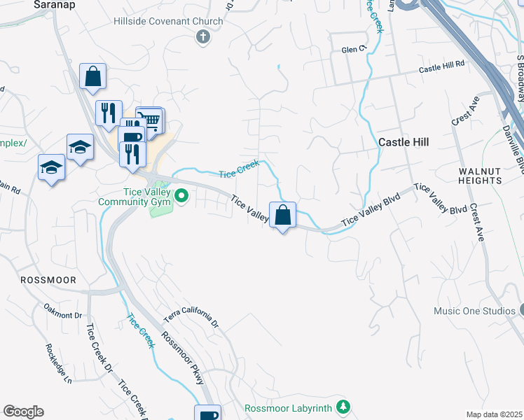 map of restaurants, bars, coffee shops, grocery stores, and more near 2200 Tice Valley Boulevard in Walnut Creek