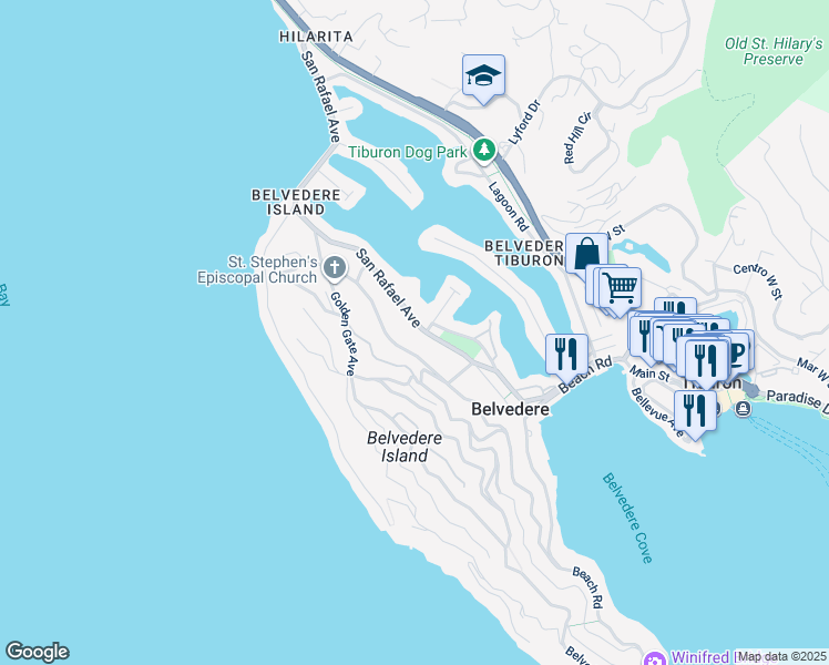 map of restaurants, bars, coffee shops, grocery stores, and more near 329 San Rafael Avenue in Belvedere