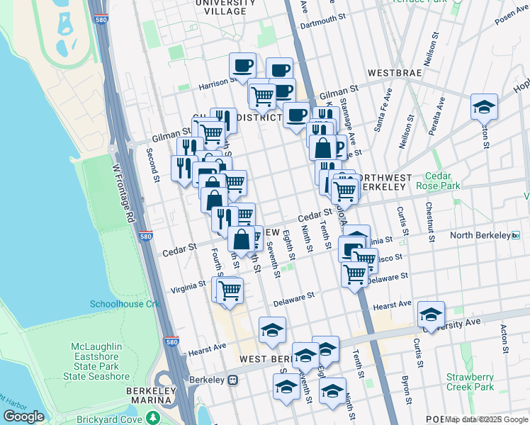 map of restaurants, bars, coffee shops, grocery stores, and more near 916 Bataan Avenue in Berkeley