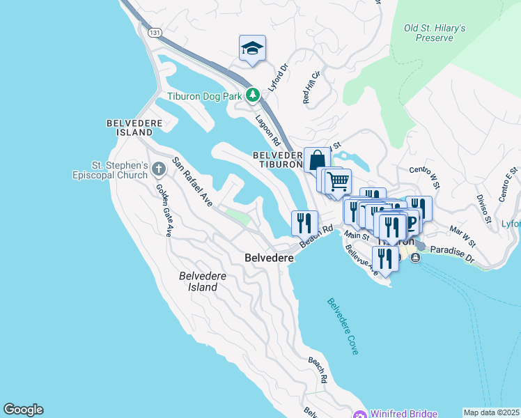 map of restaurants, bars, coffee shops, grocery stores, and more near 9 Mallard Road in Belvedere