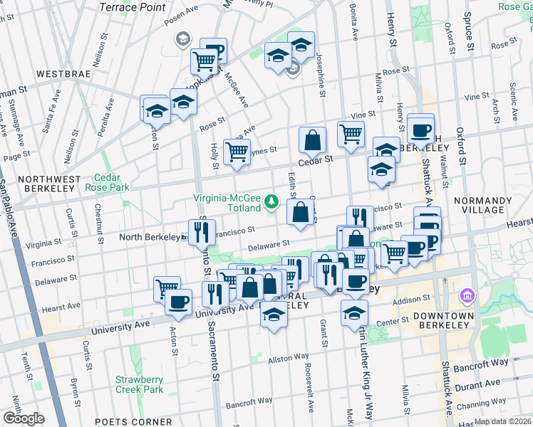 map of restaurants, bars, coffee shops, grocery stores, and more near 1644 Virginia Street in Berkeley
