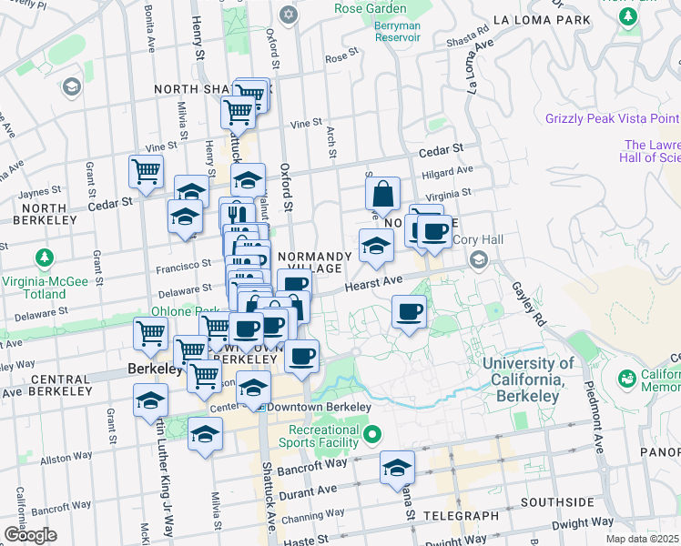 map of restaurants, bars, coffee shops, grocery stores, and more near 2255 Hearst Avenue in Berkeley