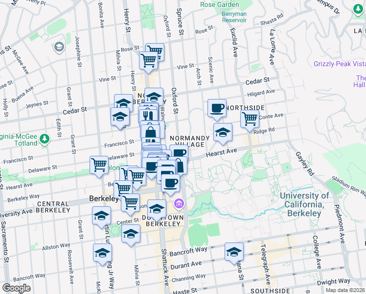 map of restaurants, bars, coffee shops, grocery stores, and more near 1819 Oxford Street in Berkeley