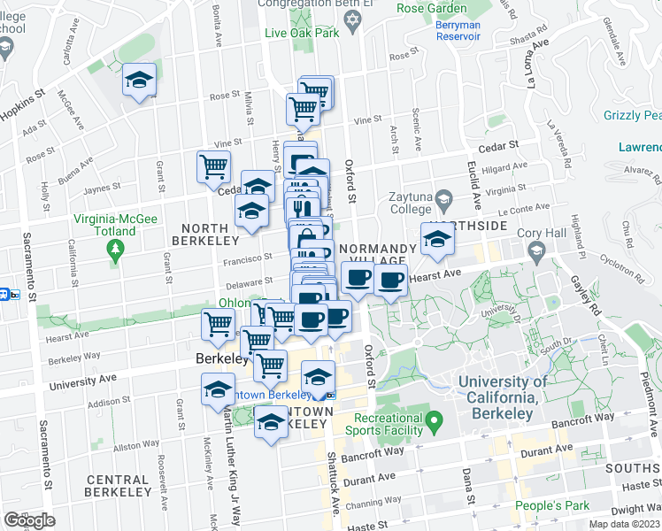 map of restaurants, bars, coffee shops, grocery stores, and more near in Berkeley