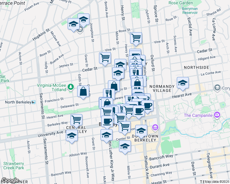 map of restaurants, bars, coffee shops, grocery stores, and more near 1920 Francisco Street in Berkeley