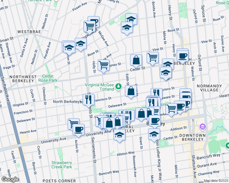 map of restaurants, bars, coffee shops, grocery stores, and more near 1644 Virginia Street in Berkeley