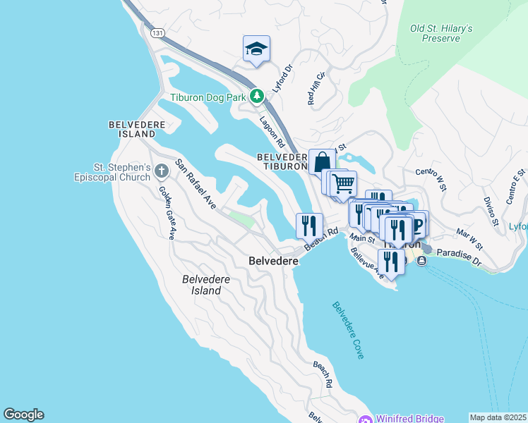 map of restaurants, bars, coffee shops, grocery stores, and more near 9 Mallard Road in Belvedere
