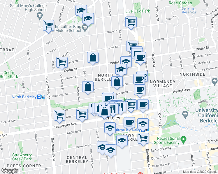 map of restaurants, bars, coffee shops, grocery stores, and more near Martin Luther King Jr Way & Francisco St in Berkeley