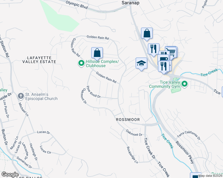 map of restaurants, bars, coffee shops, grocery stores, and more near 2133 Pine Knoll Drive in Walnut Creek