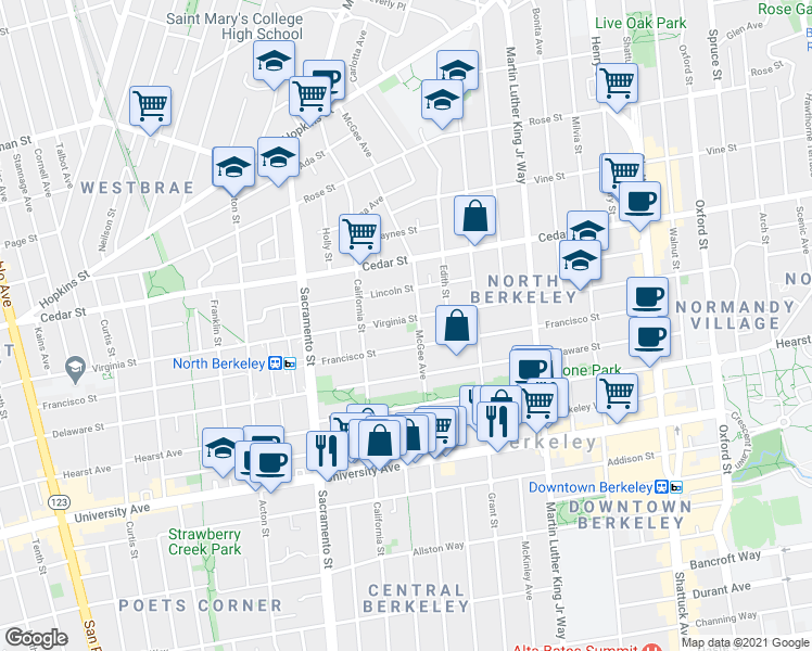 map of restaurants, bars, coffee shops, grocery stores, and more near 1632 Virginia St in Berkeley