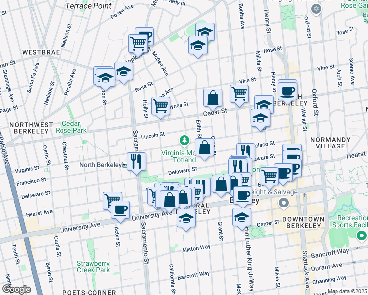 map of restaurants, bars, coffee shops, grocery stores, and more near 1644 Virginia Street in Berkeley