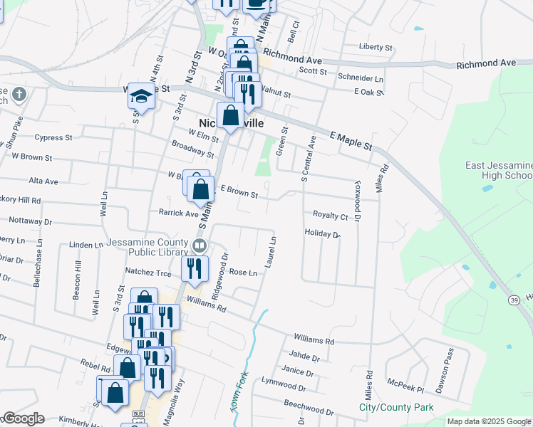 map of restaurants, bars, coffee shops, grocery stores, and more near 132 Floyd Court in Nicholasville