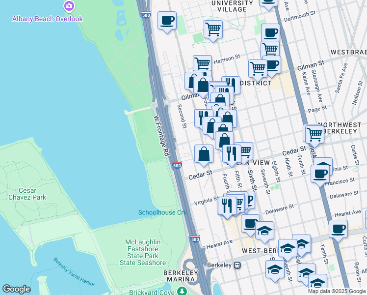 map of restaurants, bars, coffee shops, grocery stores, and more near 1461 Eastshore Highway in Berkeley