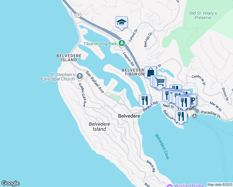map of restaurants, bars, coffee shops, grocery stores, and more near 16 Community Road in Belvedere