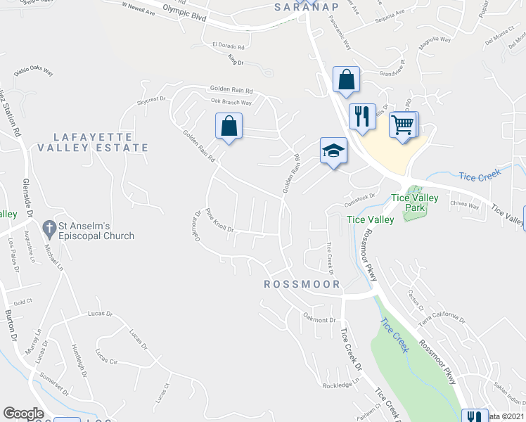 map of restaurants, bars, coffee shops, grocery stores, and more near 2133 Pine Knoll Drive in Walnut Creek