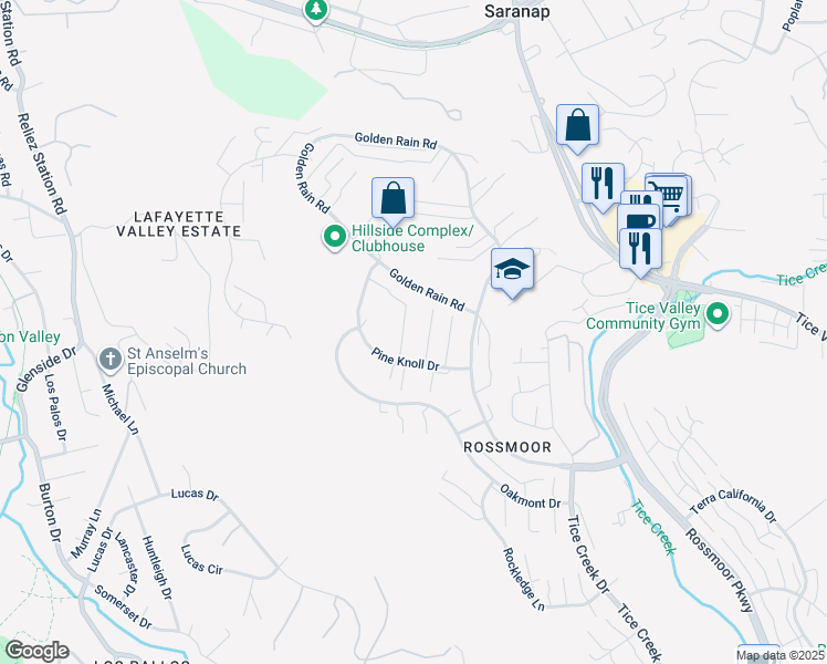 map of restaurants, bars, coffee shops, grocery stores, and more near 2409 Pine Knoll Drive in Walnut Creek