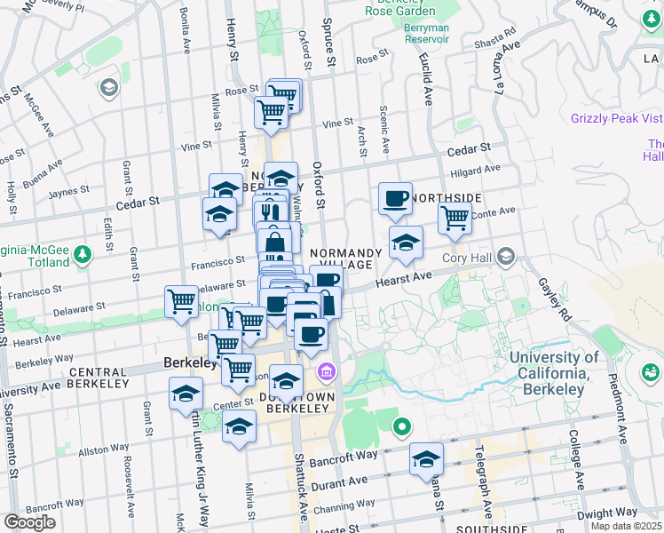 map of restaurants, bars, coffee shops, grocery stores, and more near 1819 Oxford Street in Berkeley
