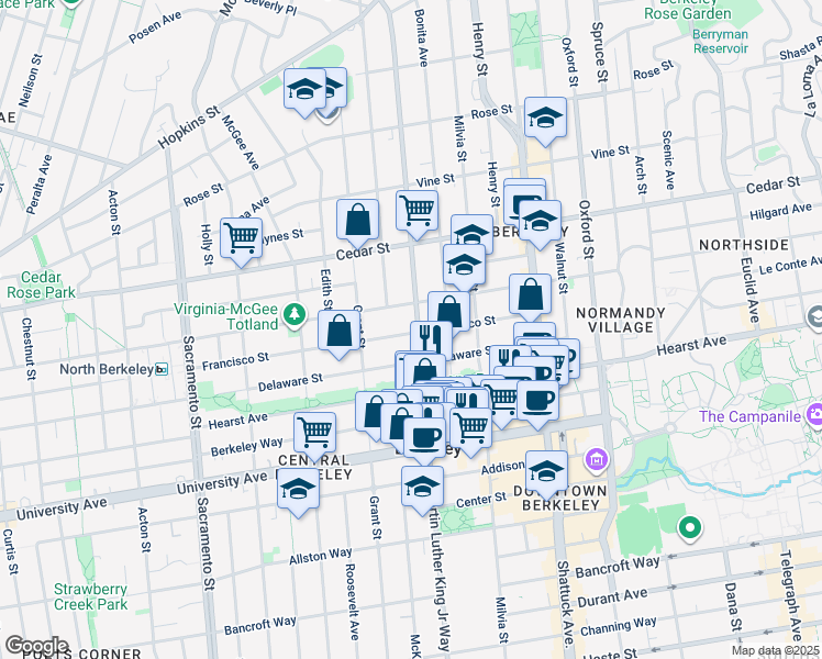 map of restaurants, bars, coffee shops, grocery stores, and more near 1836 Francisco Street in Berkeley