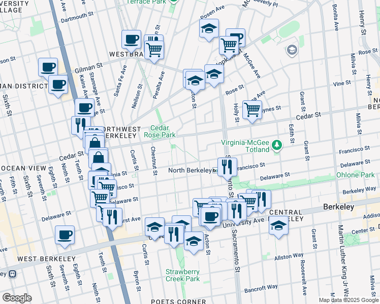 map of restaurants, bars, coffee shops, grocery stores, and more near 1670 Franklin Street in Berkeley