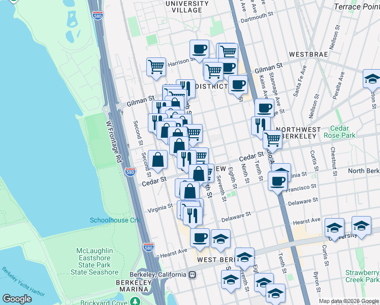 map of restaurants, bars, coffee shops, grocery stores, and more near 800 Jones Street in Berkeley