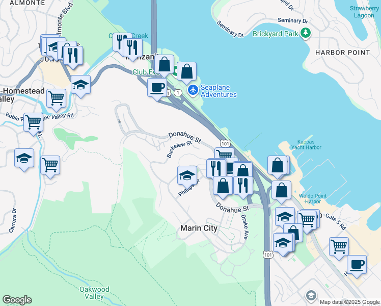 map of restaurants, bars, coffee shops, grocery stores, and more near 2 Park Circle in Sausalito