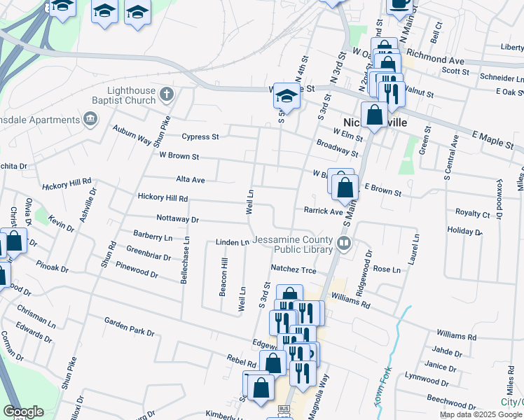 map of restaurants, bars, coffee shops, grocery stores, and more near 314 Hickory Hill Drive in Nicholasville