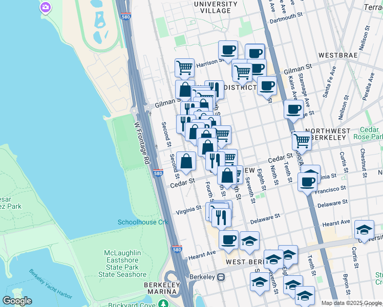map of restaurants, bars, coffee shops, grocery stores, and more near 1450 Fourth Street in Berkeley