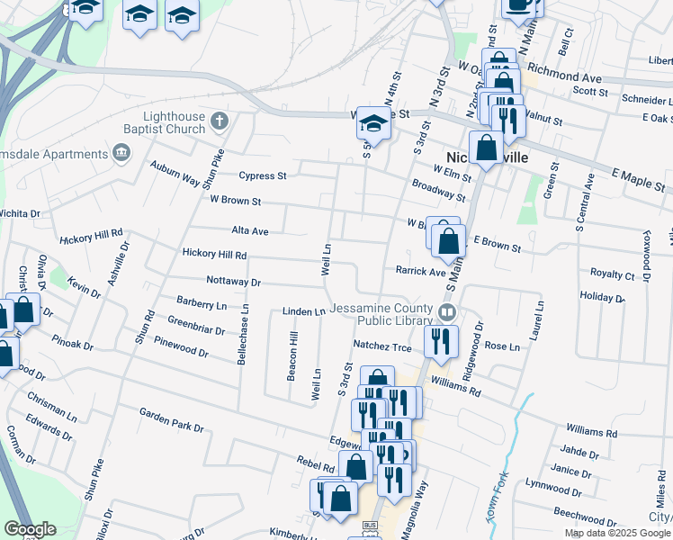 map of restaurants, bars, coffee shops, grocery stores, and more near 314 Hickory Hill Drive in Nicholasville