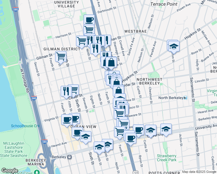 map of restaurants, bars, coffee shops, grocery stores, and more near 1037 Cedar Street in Berkeley