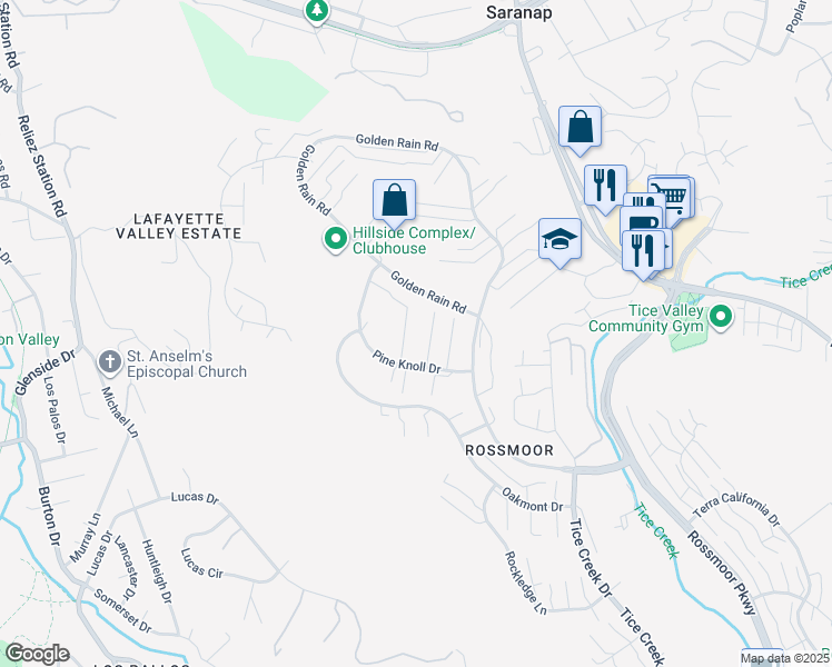 map of restaurants, bars, coffee shops, grocery stores, and more near 2425 Pine Knoll Drive in Walnut Creek