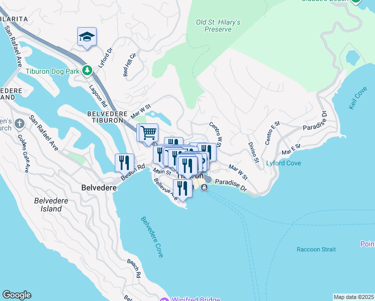 map of restaurants, bars, coffee shops, grocery stores, and more near 15 Lagoon Vista Road in Belvedere Tiburon