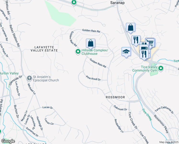 map of restaurants, bars, coffee shops, grocery stores, and more near 2533 Pine Knoll Drive in Walnut Creek