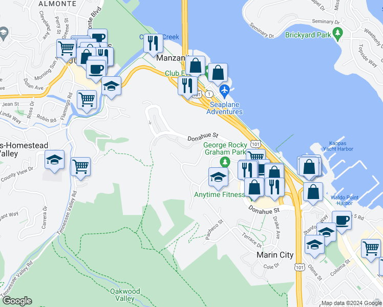 map of restaurants, bars, coffee shops, grocery stores, and more near 427 Sherwood Drive in Sausalito