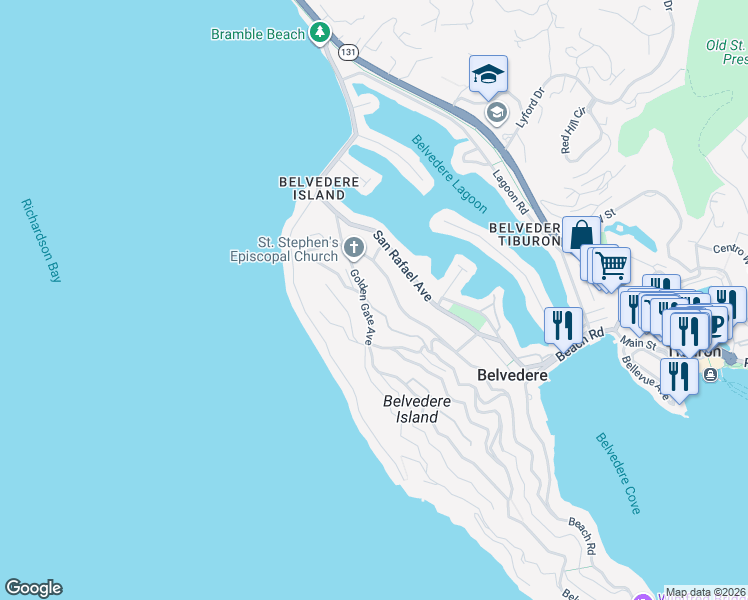 map of restaurants, bars, coffee shops, grocery stores, and more near 4 Buckeye Road in Belvedere Tiburon