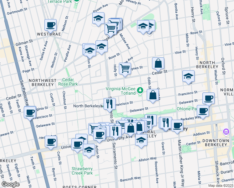map of restaurants, bars, coffee shops, grocery stores, and more near 1520 Virginia Street in Berkeley