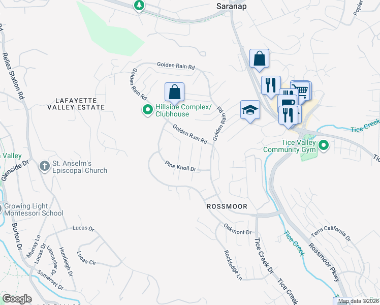 map of restaurants, bars, coffee shops, grocery stores, and more near 2333 Pine Knoll Drive in Walnut Creek