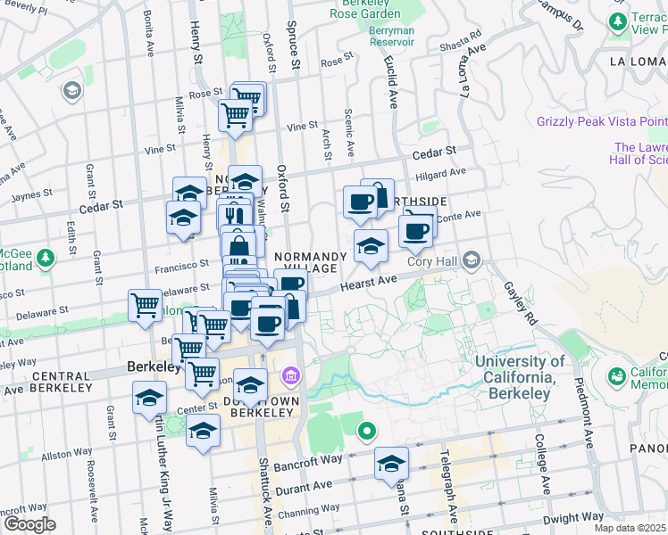 map of restaurants, bars, coffee shops, grocery stores, and more near 2255 Hearst Avenue in Berkeley