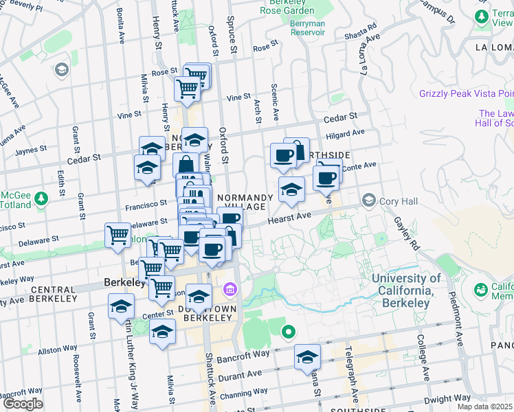 map of restaurants, bars, coffee shops, grocery stores, and more near 2255 Hearst Avenue in Berkeley